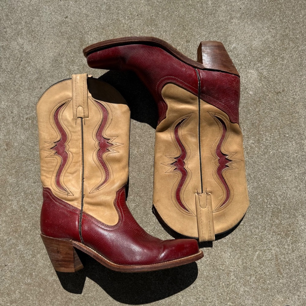 Frye Vintage Red Lizard Embossed Leather Western Cowboy Boots 9 B 1J01075 USA - Picture 7 of 11